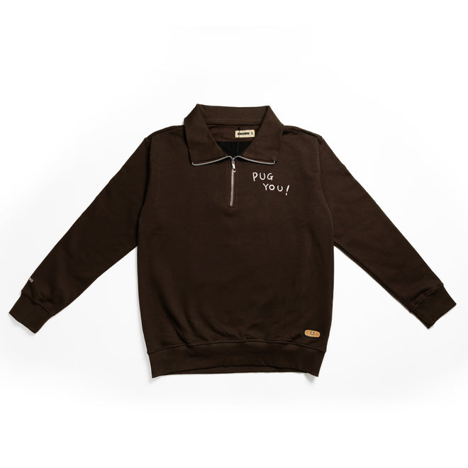 PUG YOU HALF ZIP SWEATER // COFFEE
